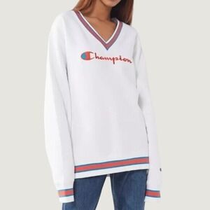 Champion Sweatshirt‎ Heritage V-Neck Striped Trim White Small